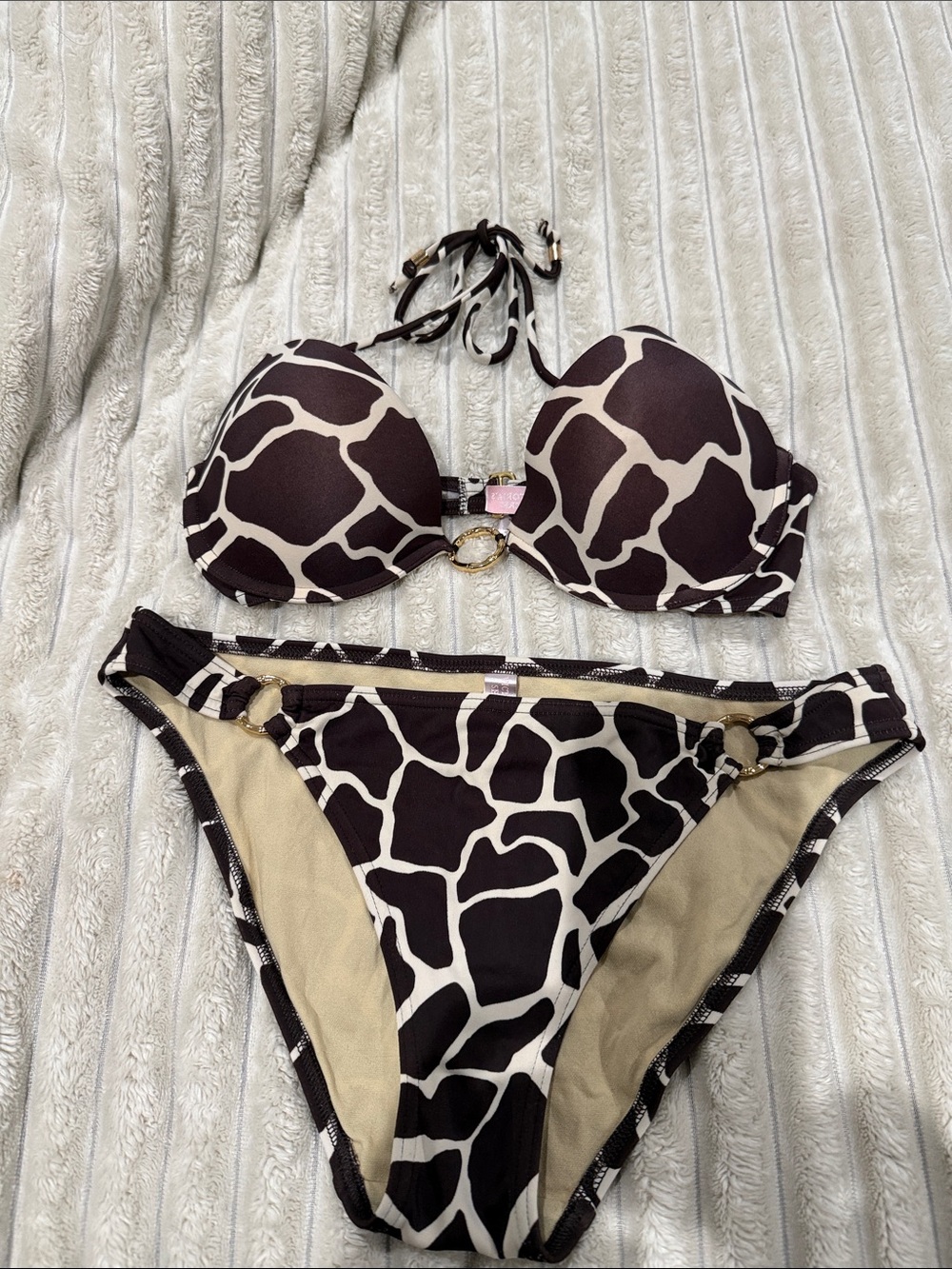 Victoria Secret Giraffe-Print Halter Bikini in Brown and Cream 36C top bottom M